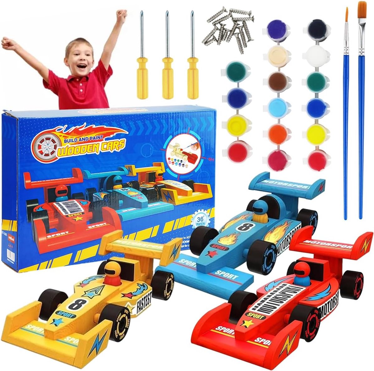 SnelShoppen - Set van 3 Houten Raceauto's - Creatieve Knutselset voor Kinderen - Voor Schilderen en Bouwen - Compleet met Stiften en Stickers - Cadeau