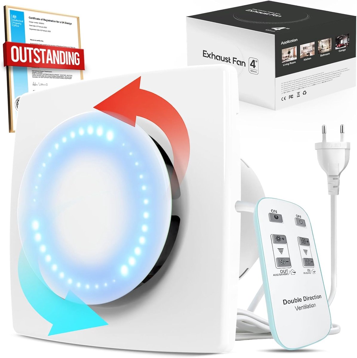 SnelShoppen - Badkamer Ventilator 100mm met Afstandsbediening, Twee Richtingen, 6 Snelheden, Stille DC Borstelloze Motor, Toilet Ventilator, Afzuigven
