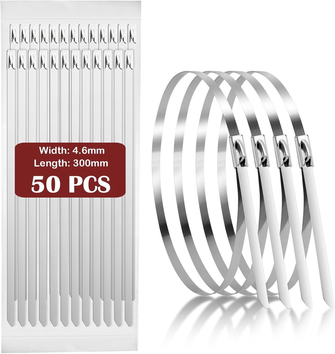 SnelShoppen - 30 cm lange roestvrijstalen kabelbinders, 50 stuks, metaal, zelfborgend, anti-roest, hittebestendig, kabelbeheer, uitlaatpijpen, 4,6 mm