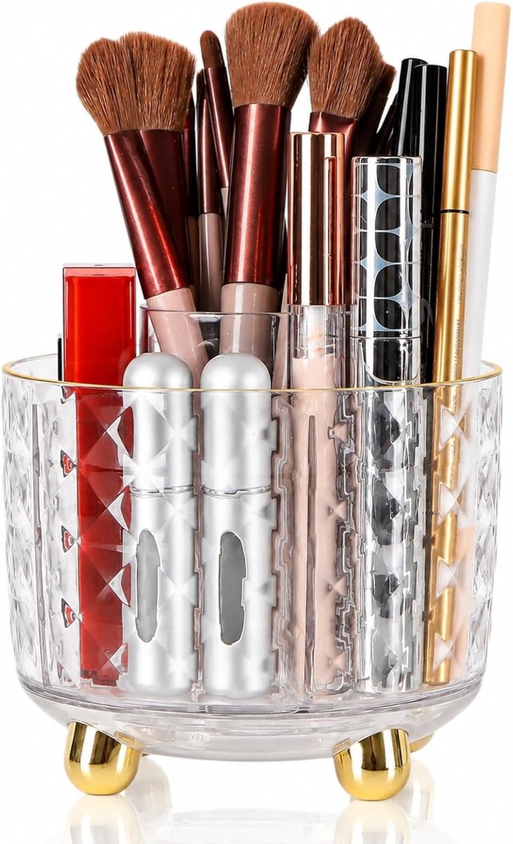 SnelShoppen - 360° Draaibare Make-up-Organizer met 6 Vakken en Penseelhouder - Cosmetica-Organizer voor Lippenstiften en Nagellak - Stabiele Antislip