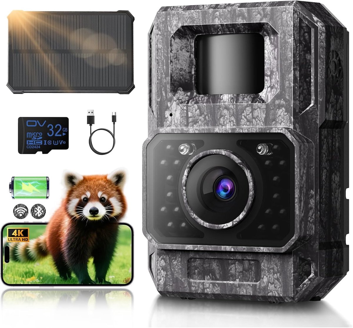 SnelShoppen - Wildcamera op Zonne-energie 4K 64MP met Nachtzicht, Wifi & App, Bewegingsmelder, Bluetooth, 6000mAh Lithium Batterij, 32GB SD-kaart, IP6