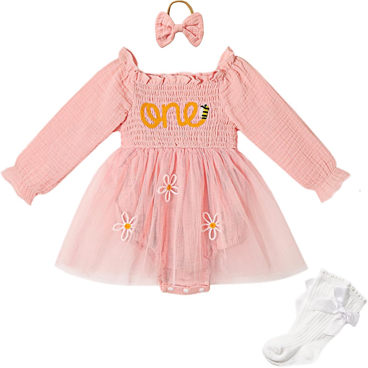 SnelShoppen - Miipat Babyjurk Meisjes 1e Verjaardag, Tule Romper Set met Lange Mouwen, Hoofdband, Sokken - Roze, Groen, Abrikoos, Blauw, Baby Kleding