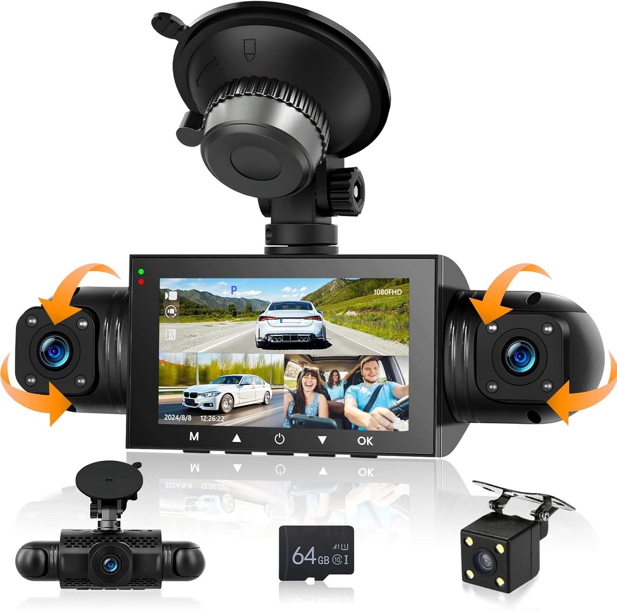 SnelShoppen - Spiegel-dashcam 4 kanalen met 64GB kaart, G-sensor, parking monitoring, nachtzicht, 24-uurs parkeermodus + waterdichte achteruitrijcamer