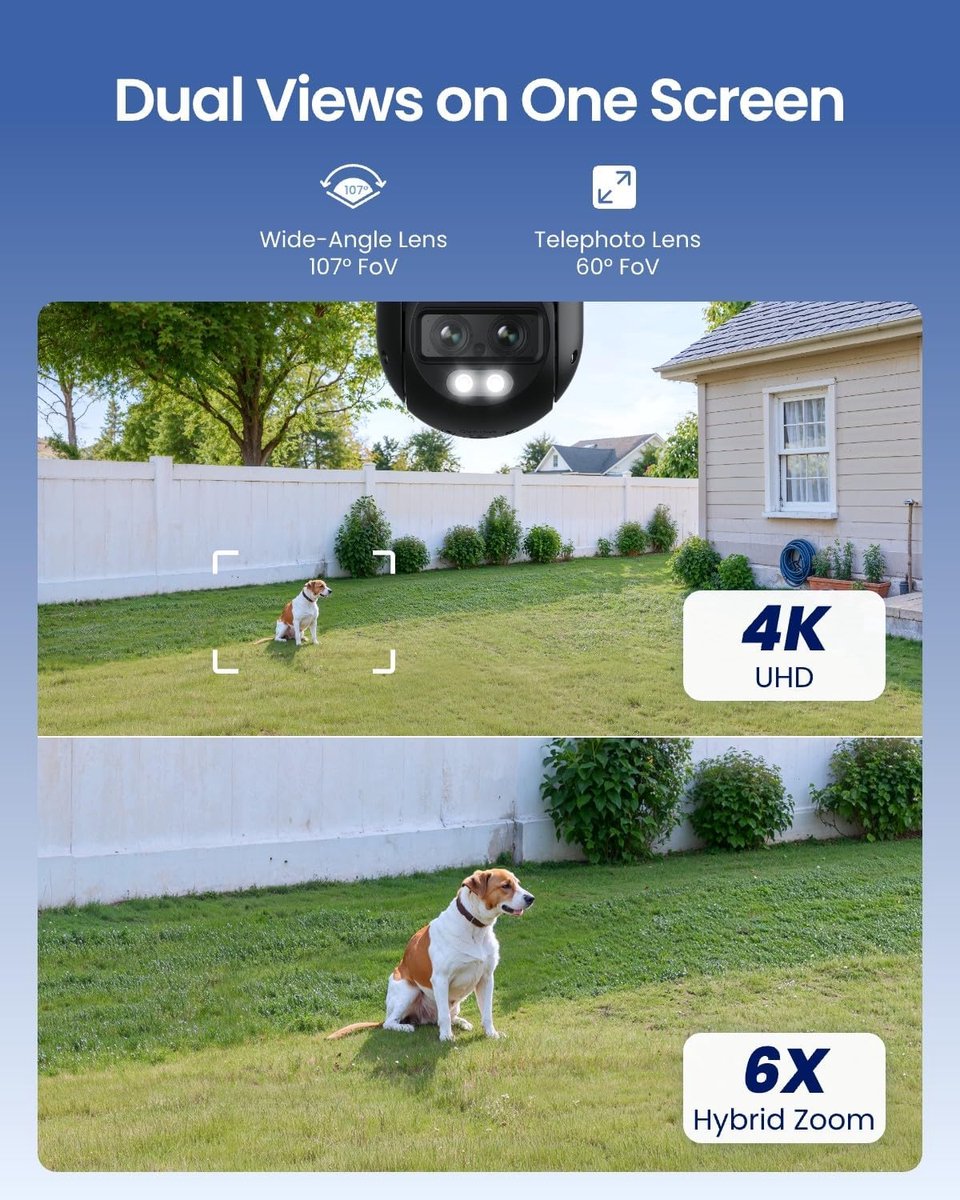 Thijox - 8MP PTZ WiFi Beveiligingscamera met Dubbele Lens, 6X Zoom, Ultragroothoek, Mens/Voertuig Detectie, Nachtzicht in Kleur, H.265, 24/7 Opname, V