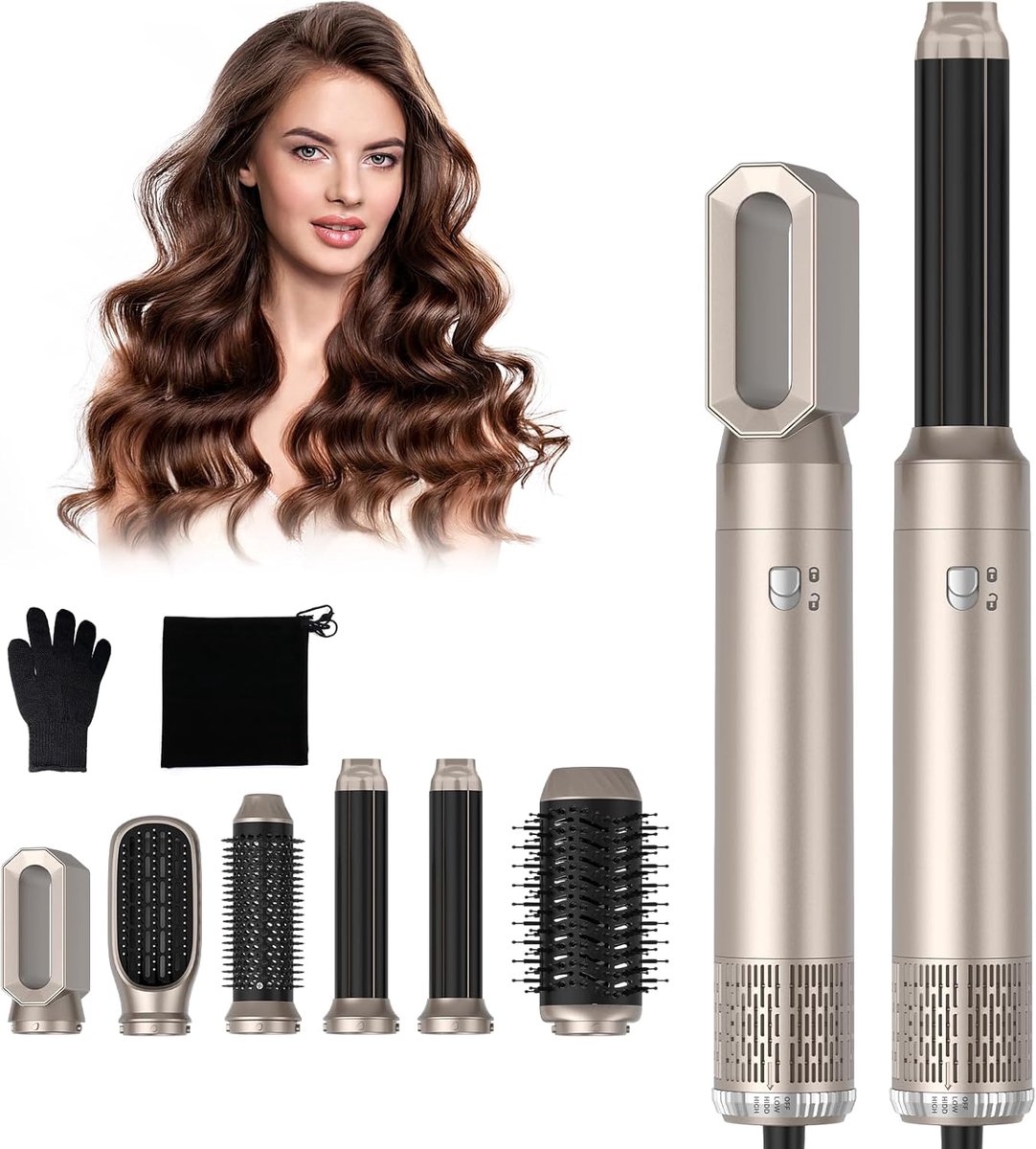 Thijox - Föhnborstel Hair Dryer Brush 6 in 1, 1000W Haardroger Multi Air Styler met 3 Temperatuurinstellingen voor Drogen, Krullen, Rechtmaken en Styl