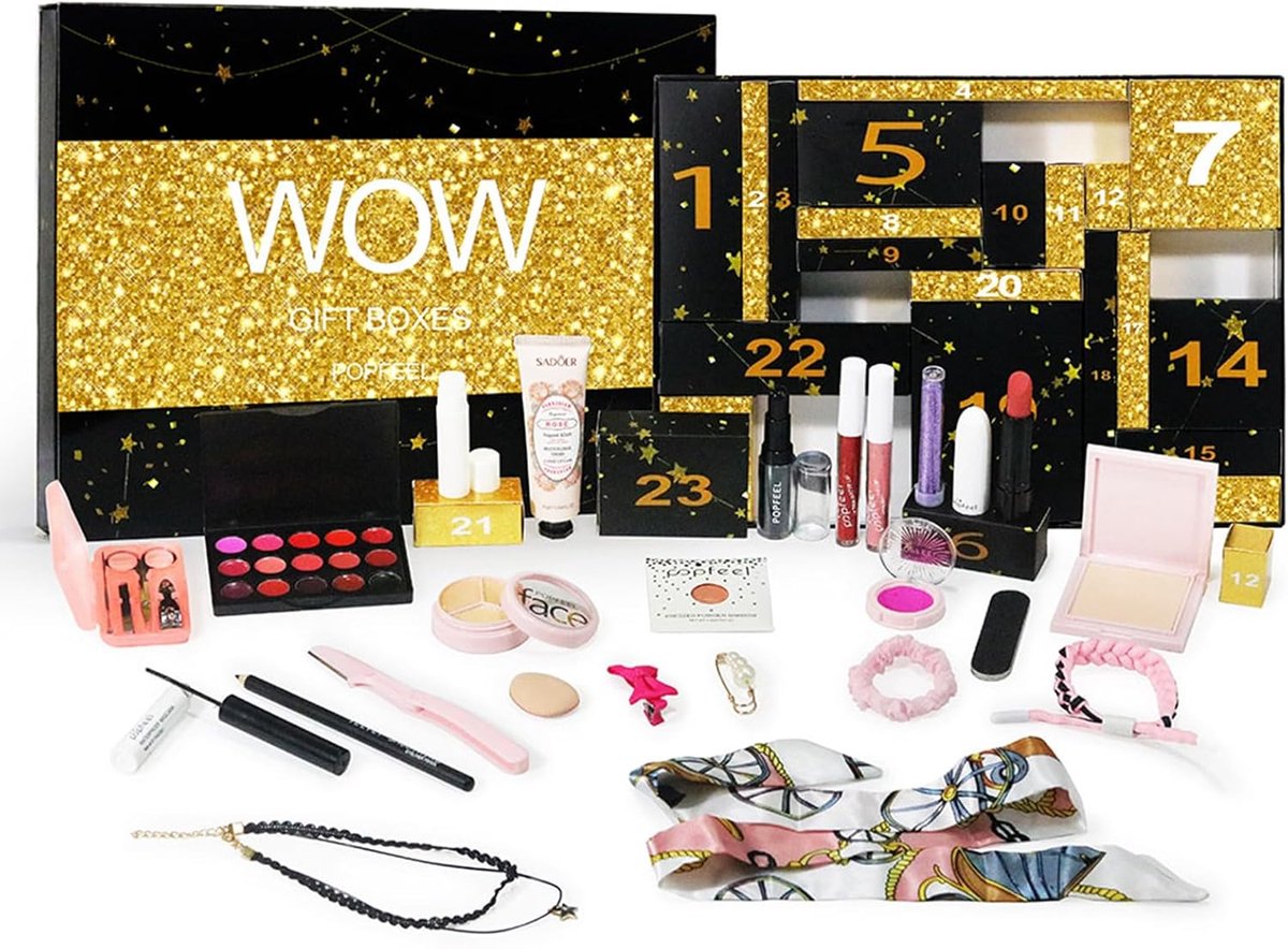SnelShoppen - Makeup Adventskalender 2025, 24 Dagen Aftelkalender Make-up Cadeauset voor Vrouwen, Complete Set met Oogschaduw, Lippenstift en Meer voo