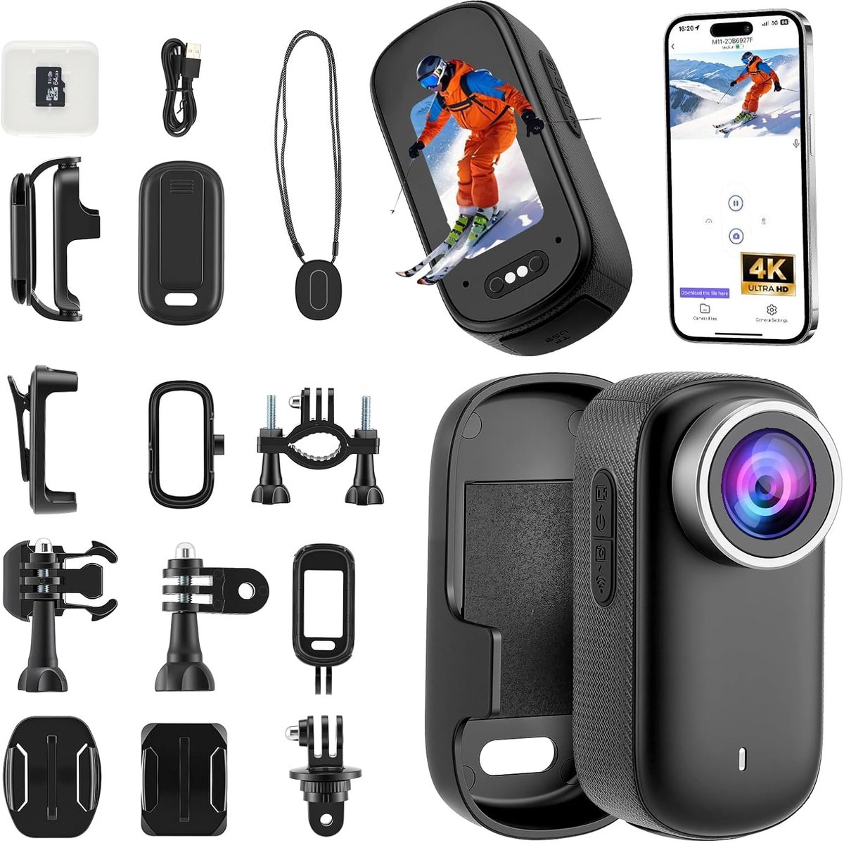SnelShoppen - 360° Action Cam Mini Actiecamera 1080p - Waterdichte Bodycam tot 30m - Wifi Sportcamera voor Vloggen, Fietsen, Paardrijden, Motorfiets e