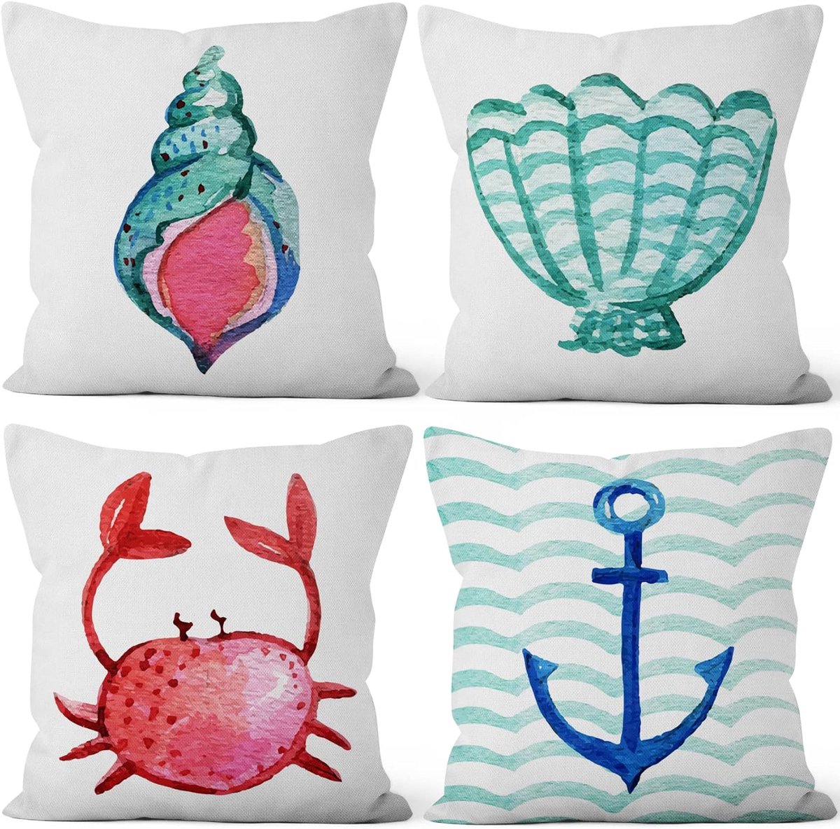 SnelShoppen - Decoratieve Kussensloop 46x46 cm, Oceaanthema met Anker, Krab en Schelpen, Wit Linnen, Sierkussen voor Binnen en Buiten, Perfect voor Sl