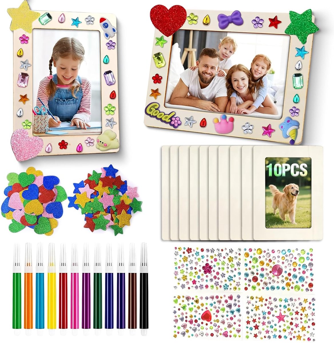 SnelShoppen - Houten Fotolijsten Set met Glitterstickers, 10 Zelfschilderen Fotolijsten voor Kinderen, Verjaardags Kado, Creatief Knutselen, 14x19 cm