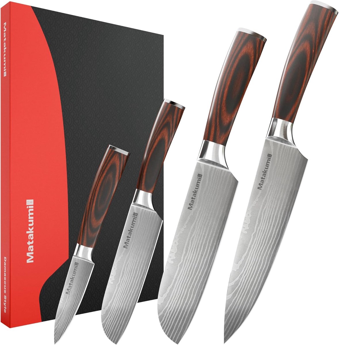 Thijox - 4-Delige Messenset - Japanse Keukenmessen met Damascus Print - Professionele en Hobby Koks - Hoogwaardige Keuken Gereedschappen - Perfect voo