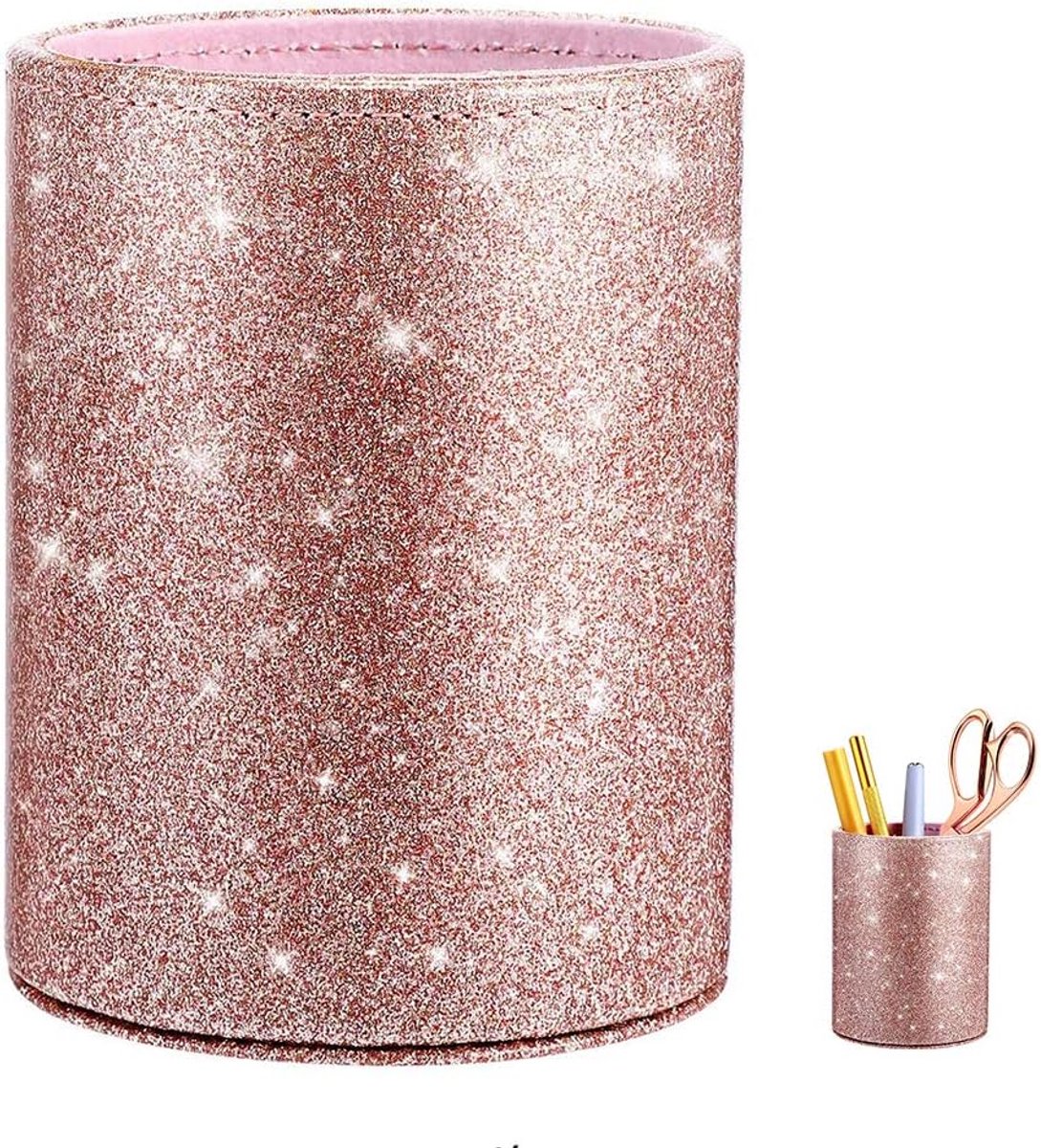 SnelShoppen - PU Glitter Pen Houder - Roze Make-up Borstel Opbergbeker voor Vrouwen en Meisjes - Potlood Cup voor Bureau, Kantoor, School, Thuis - Fij