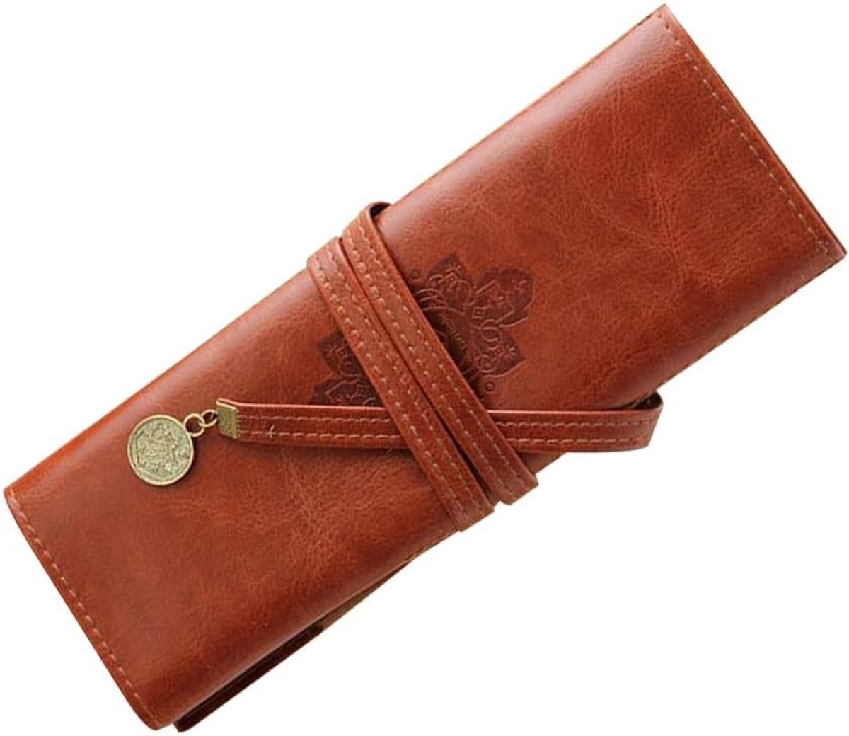 SnelShoppen - Vintage Leren Pennenrol, Retro Pennenetui voor Volwassenen, Kunstenaars & Zakenmensen, Bruin Kunstleer, 20x5,6 cm, Ideaal voor Kantoor &