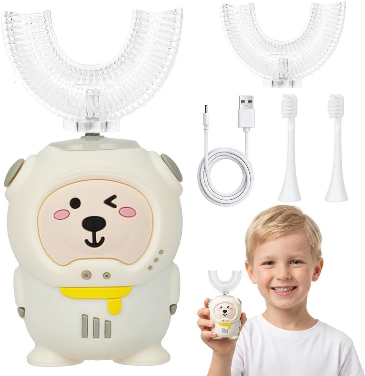 SnelShoppen - Elektrische Tandenborstel voor Kinderen, U-vormige Ultrasone Tandenborstel met 4 Vervangbare Borstelkoppen, 3 Modi, IPX7 Waterdicht, Opl