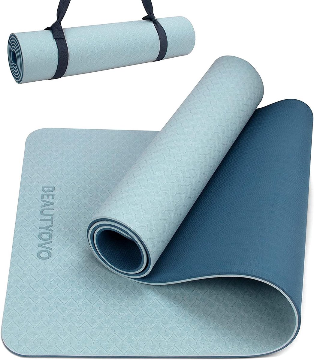 SnelShoppen - Yogamat Antislip 6/8 mm Dikte met Draagriem - Professionele Sportmat Fitnessmat TPE PVC - Haze Blue & Deep Blue - Geschikt voor Thuis en