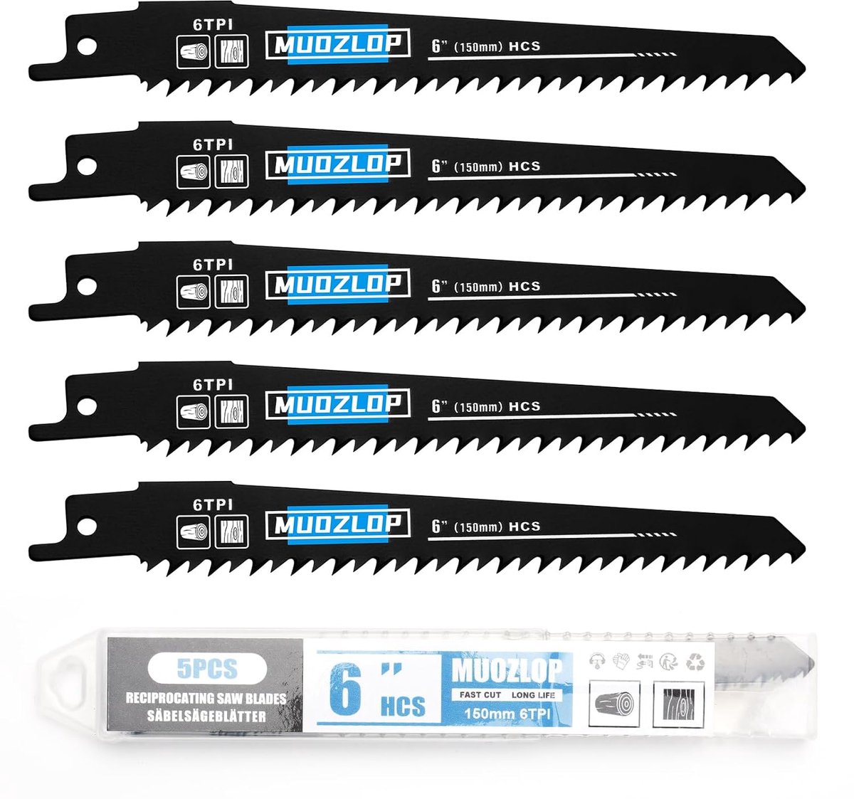 SnelShoppen - 5-pack 150mm reciprozaagbladen set, 6 TPI zaagbladen voor hout, universele zaagbladen voor reciprozaag, duurzaam en scherp, ideaal voor