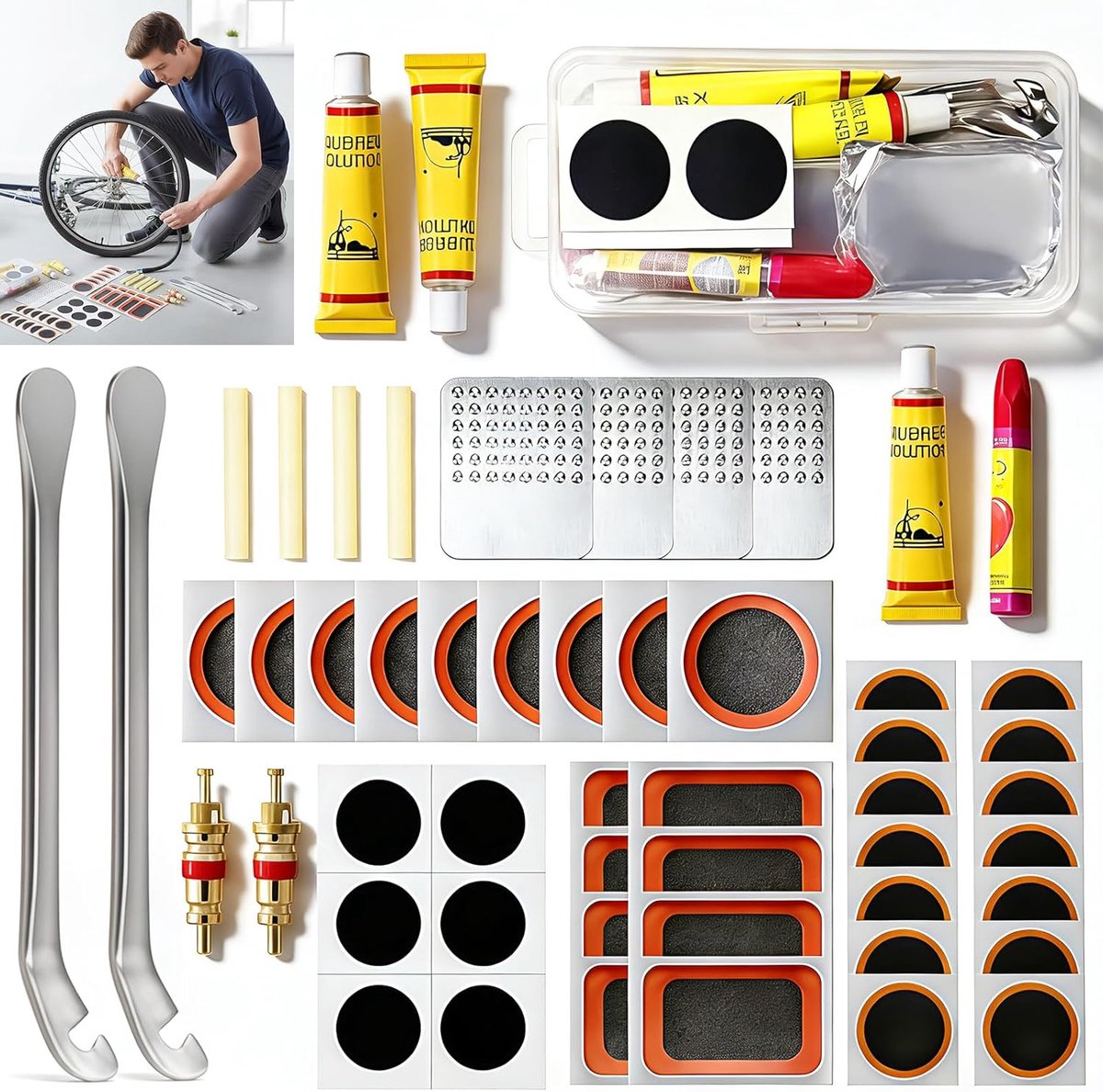 SnelShoppen - 44 tot 128 stuks Fietsbandenreparatieset voor Fiets, BMX en Motorfiets - Compleet met Vulkaniseerpleisters, Zelfklevende Patches en Repa
