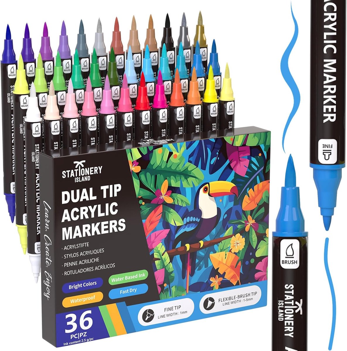 SnelShoppen - Acrylverf Markers 36 Kleuren Dubbele Punt Waterbasis voor Rotschildering, Steen, Glas, Keramiek, Hout, Metaal & Stof - Fijne & Penseelpu