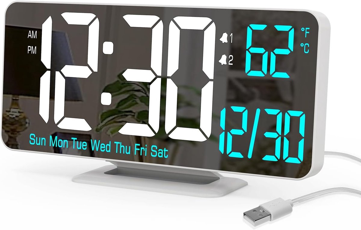 SnelShoppen - KOSUMOSU Digitale LED-Horloge 17 Inch - Witte Wekker met Dimfunctie, 12/24 Uur Weergave, Datum, Dag van de Week en Temperatuur - Tafelkl