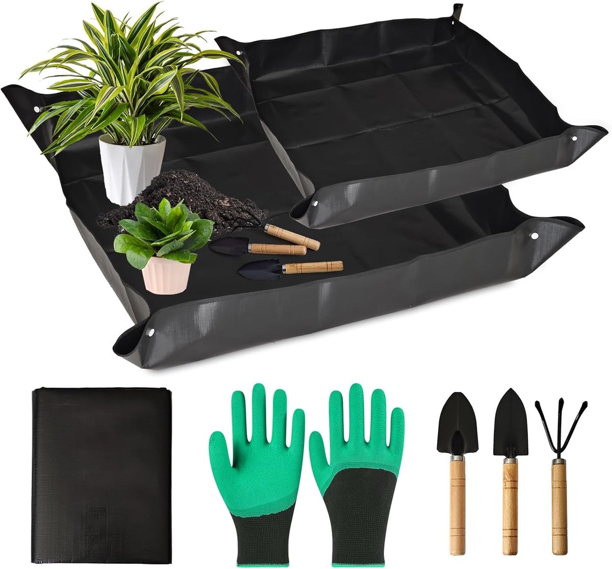 SnelShoppen - Tuinmat Plantenmat 2 Stuks Waterdicht Opvouwbaar 100x100 cm en 66x66 cm met Tuingereedschap voor Verplanten Snoeien Tuinbouwplanten