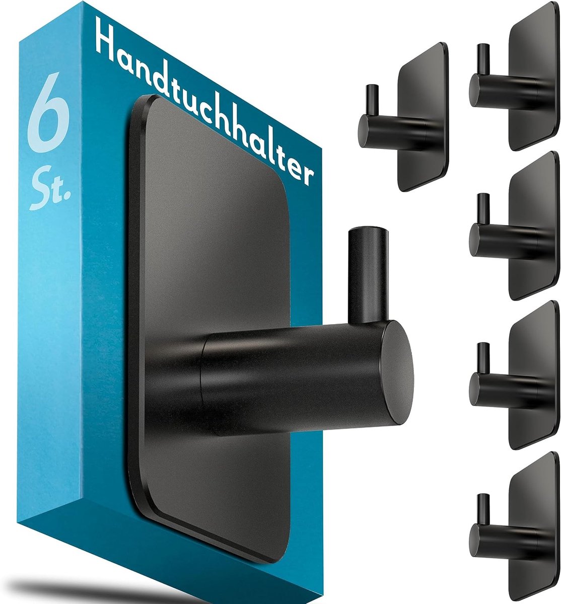 SnelShoppen - Handdoekhouder zonder boren 6 stuks - Zelfklevende handdoekhaken badkamer roestvrij staal - Waterdichte zwarte wandhaken voor handdoeken