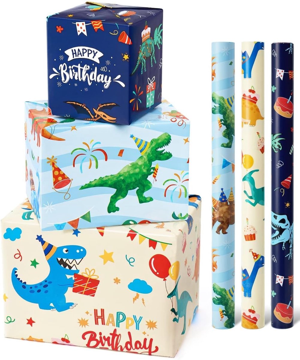 SnelShoppen - Dinosaurus Inpakpapier Rol - 3 Rollen Cadeaupapier voor Kinderen - Happy Birthday Wikkelpapier met Snijlijn - Feestgeschenk Dinosaurus T