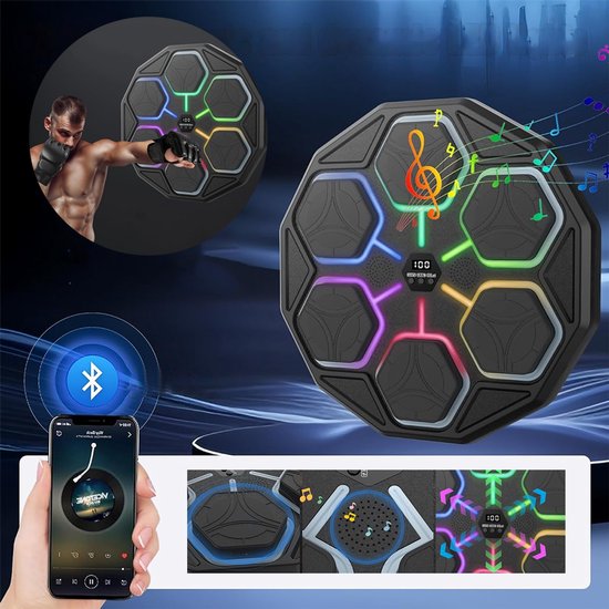 Octagonale bokstrainer met 6 led-verlichte panelen, een digitaal display en muzieknoten. Een bokser slaat in de linkerhoek. Een smartphone met Bluetooth-logo is zichtbaar.