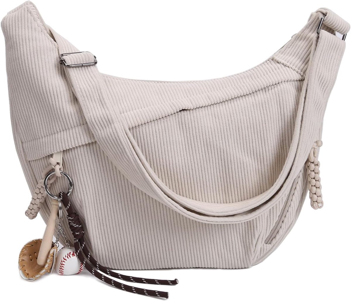 SnelShoppen - GSenhui Crossbody Bag Corduroy Schoudertas Dames - Halve Maan Handtas - Beige - Verstelbare Schouderriem - Casual Handtas voor Reizen, W