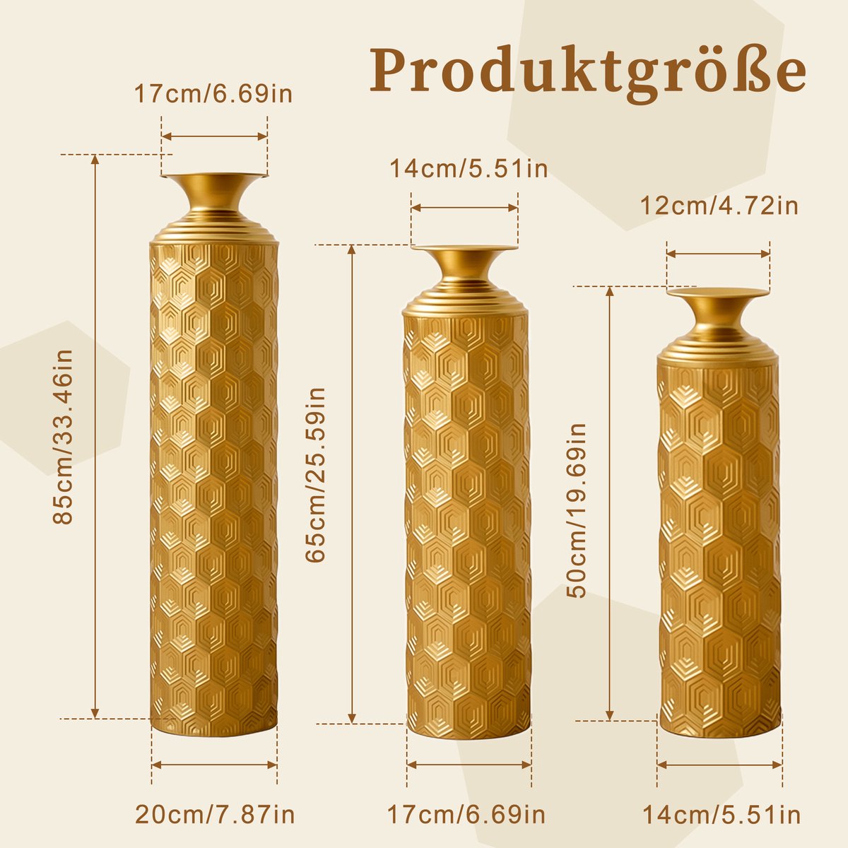 MODENUIT Vaas – 3-Delige Vloervazen met Honingraatpatroon – 50/65/85 cm – Metaal – Goud