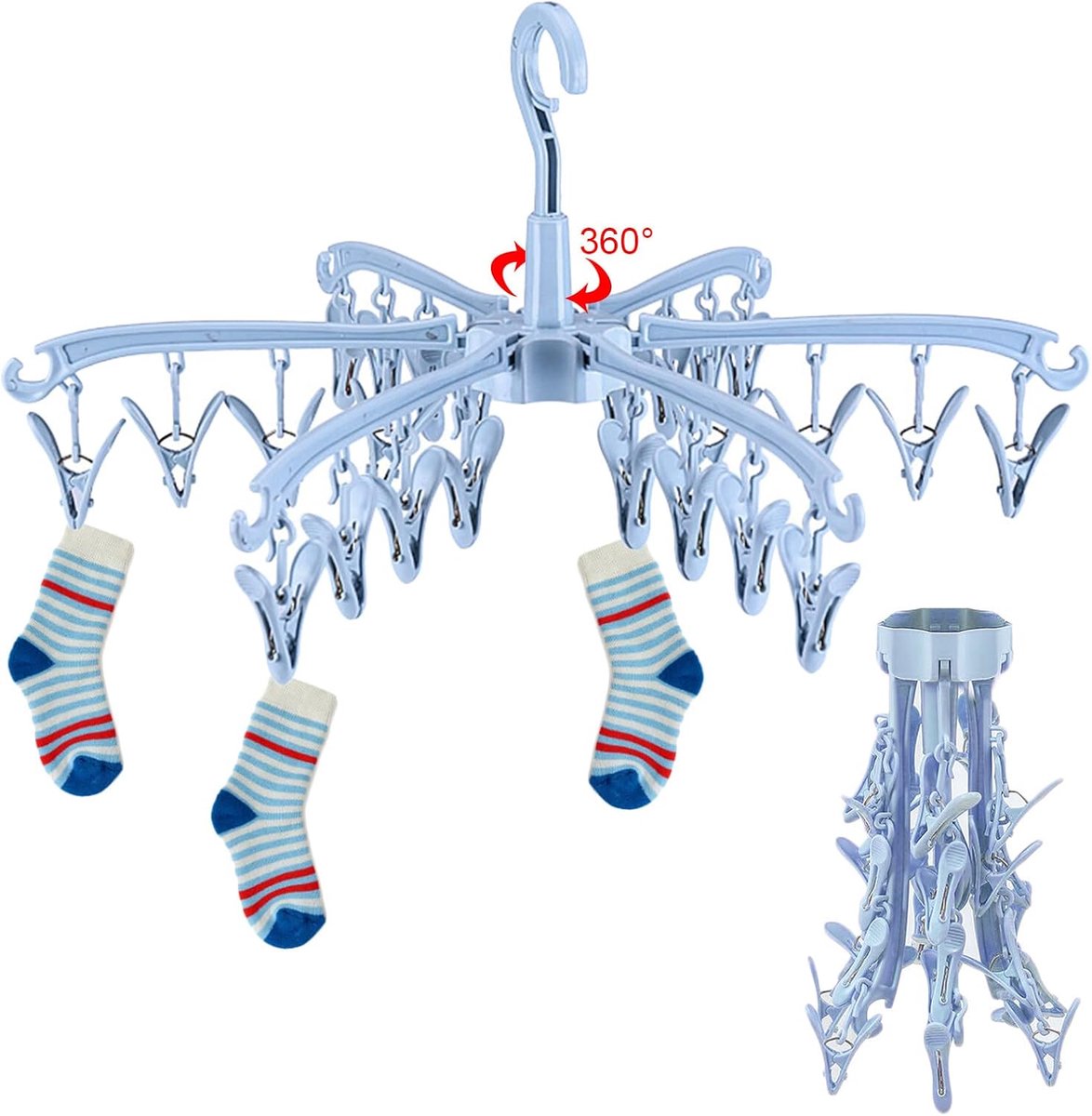 SnelShoppen - Droogrek voor Binnen en Buiten met 24 Clips, Vouwbaar, Rotatable, Voor Ondergoed, Handdoeken, Babykleding, Winddicht Hanger voor Sokken