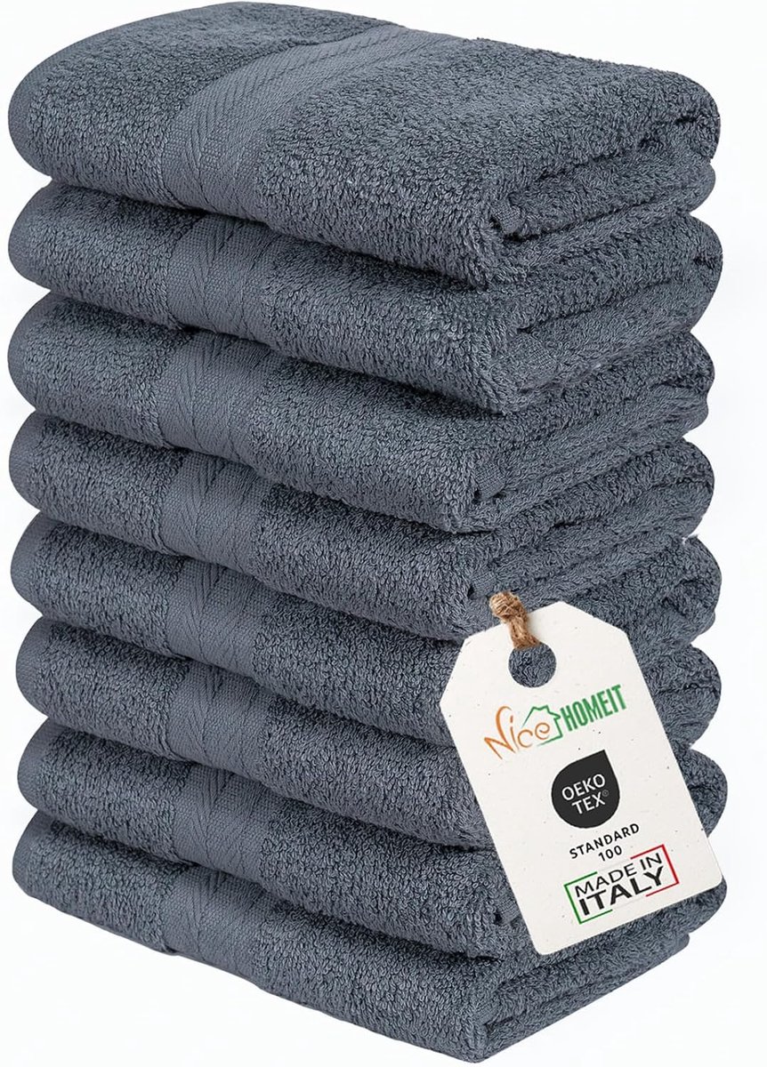 SnelShoppen - Set van 8 Handdoeken 35 x 55 cm - 100% Katoen - Extra Zacht en Absorberend - Donkergrijs - Ideaal voor Gezicht, Gast, Gym en Keuken