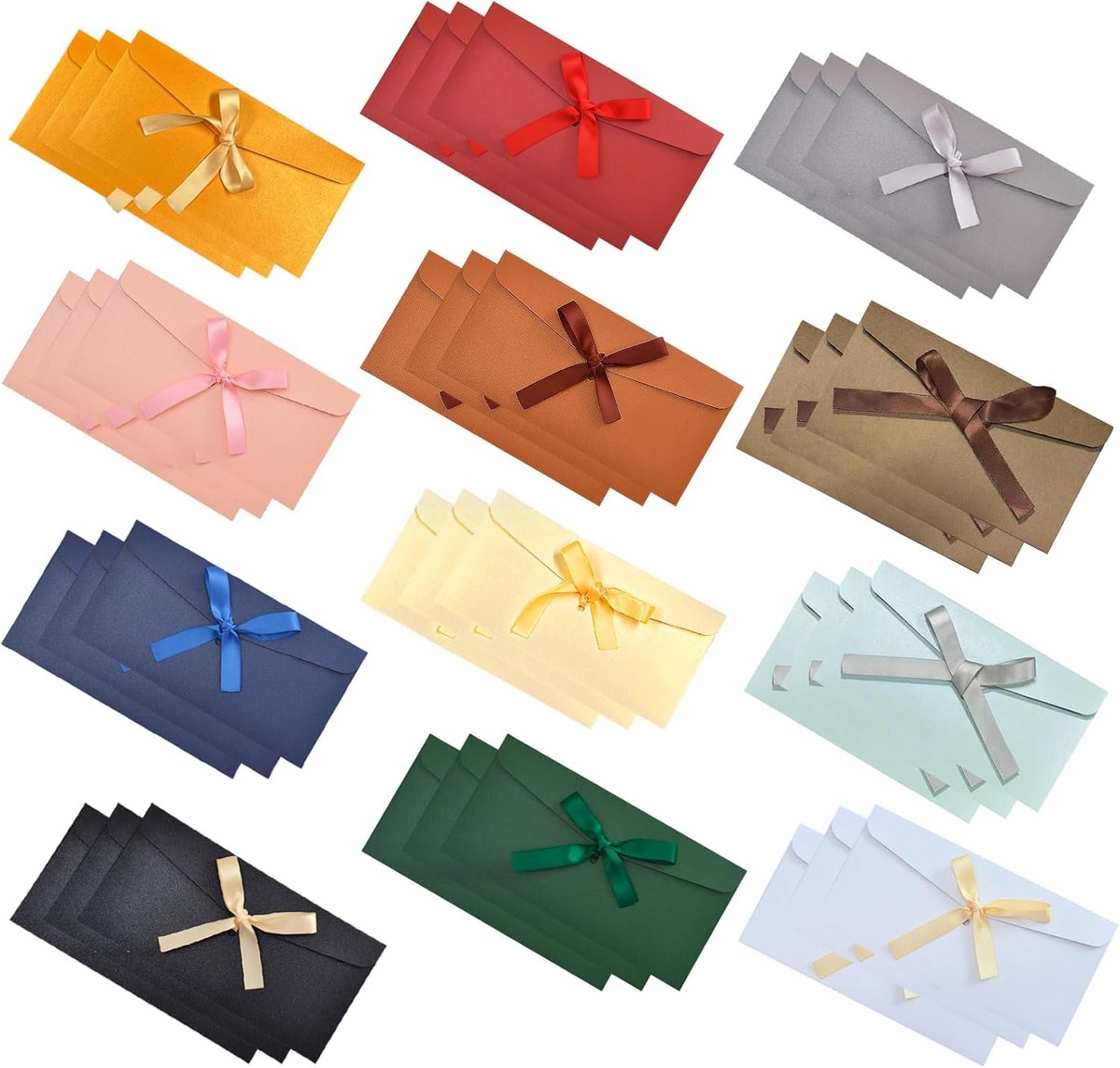 SnelShoppen - 36 Kleurrijke Vintage Enveloppen met Strik, 12 Kleuren, Parelgloeiende Papier, 20.8 x 11 cm, Perfect voor Bruiloften en Verjaardagen