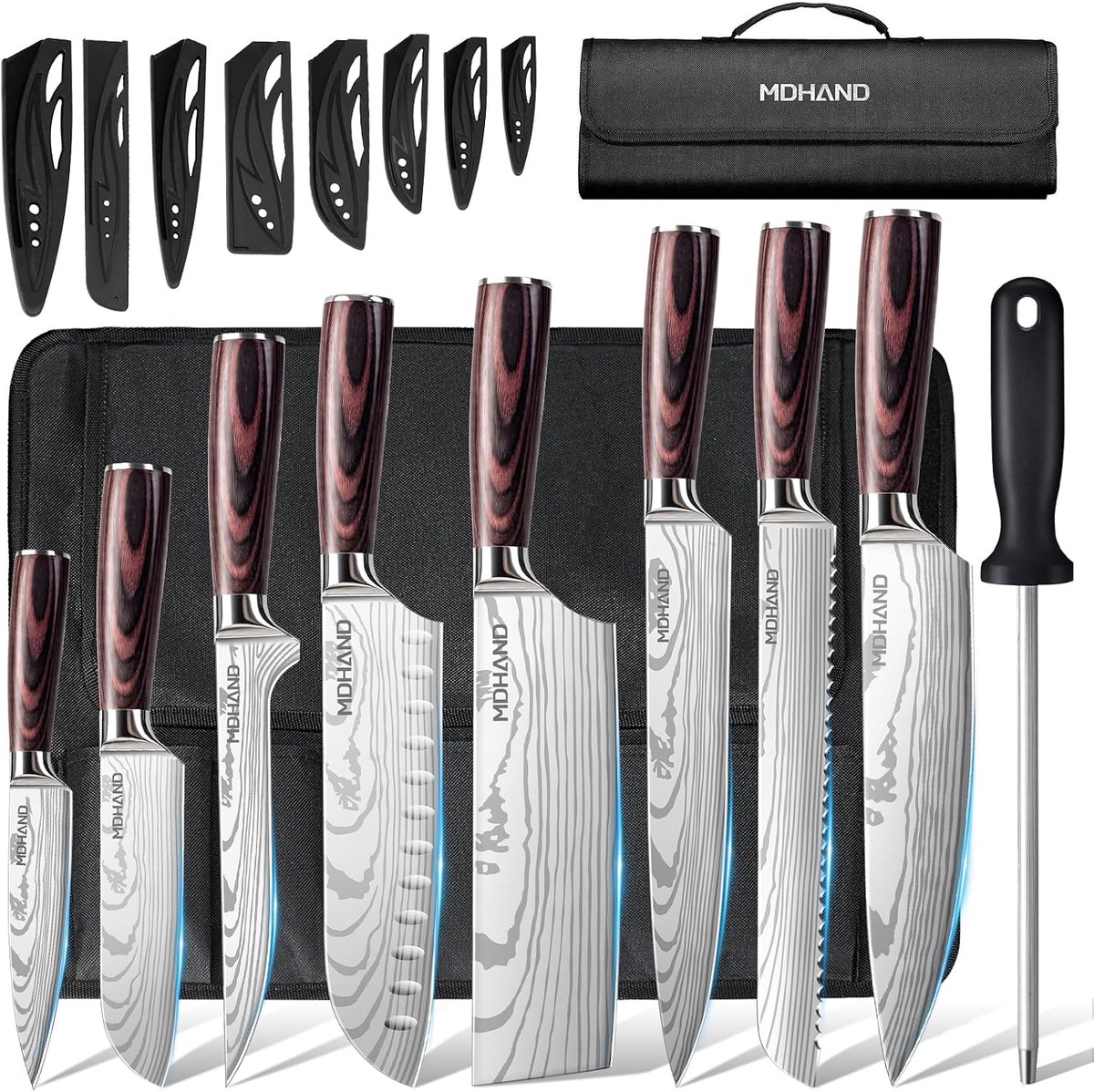 SnelShoppen - Professioneel Keukenmes Set 8-Delig met Ergonomische Pakka Houten Handgrepen, Ultra-Scherp, Inclusief Roller Bag voor Thuis en Restauran
