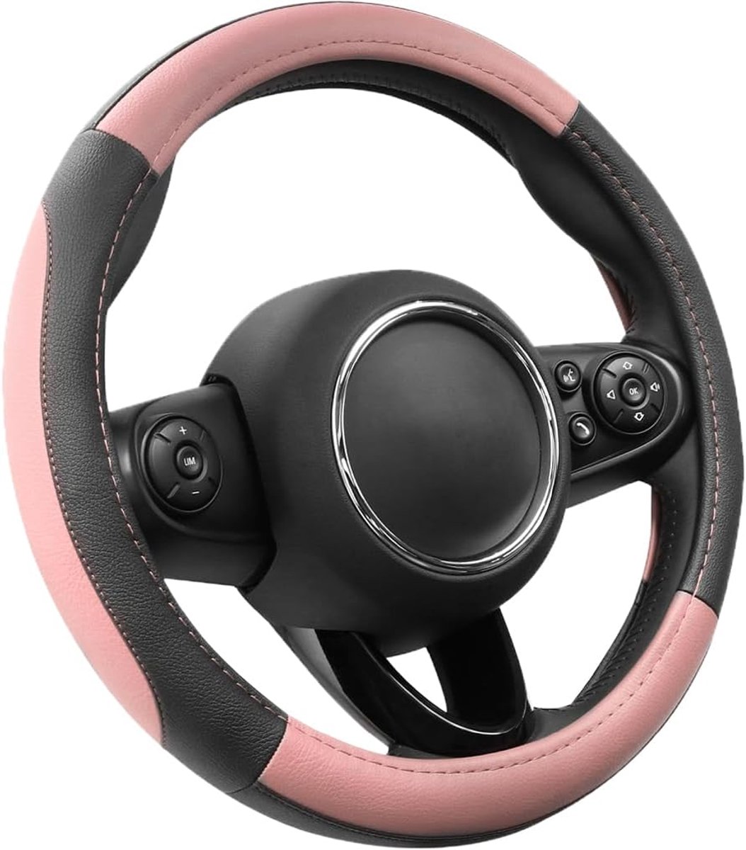 SnelShoppen - 15 inch Stuurwielhoes Microfiber Leer Universele Niet-Slip Stuurhoes Auto Maat M 37-38cm Roze en Zwart