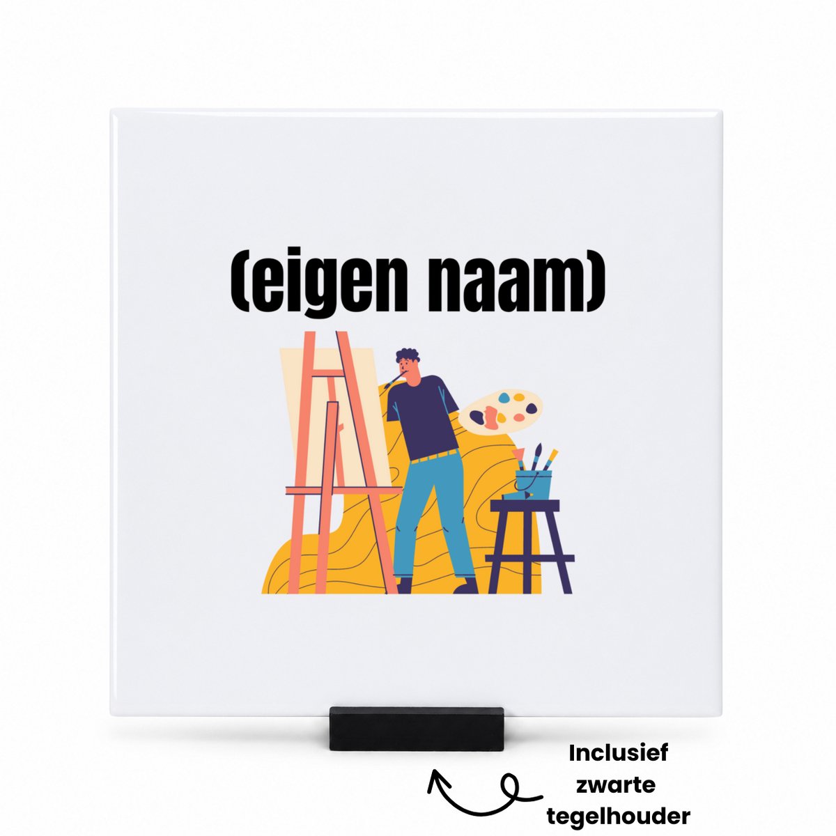 Hacebo kunstenaar die schildert met eigen naam tegeltje met tegelhouder - Kunst - kunstenaars/kunstenaressen - tegeltjes met tekst - iemand die houdt van kunst of kunst maken - verjaardag - cadeau - kado - spreuktegels - 15x15 CM Wit