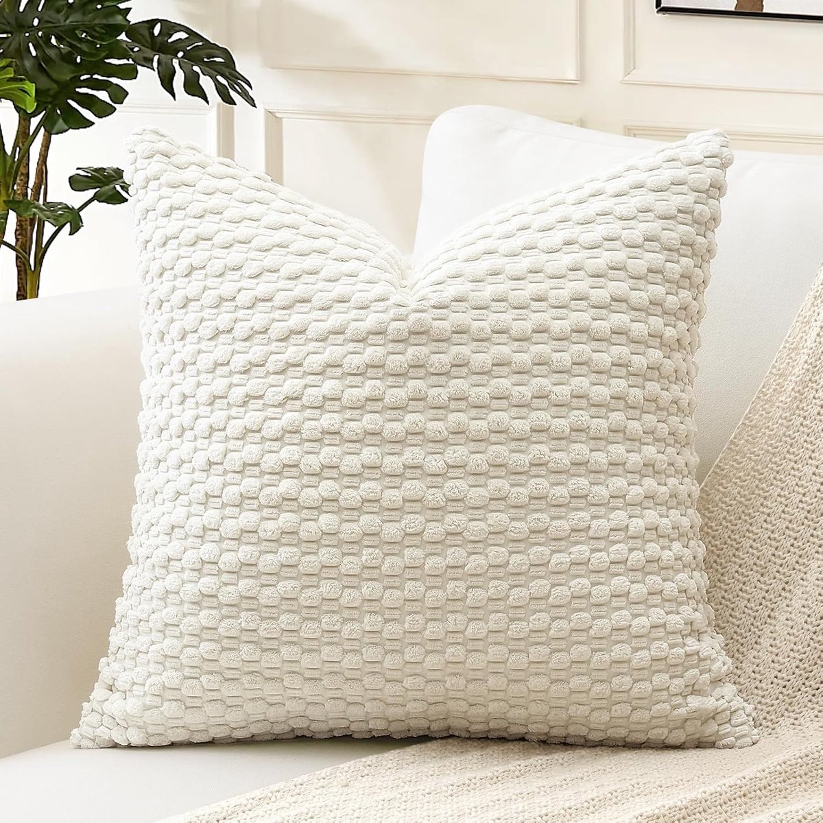 SnelShoppen - Decoratieve Corduroy Kussenhoes met Pompons 60x60 cm - Super Zacht Boho Gestreept Vierkant Kussen voor Sofa, Slaapkamer, Auto Decoratie
