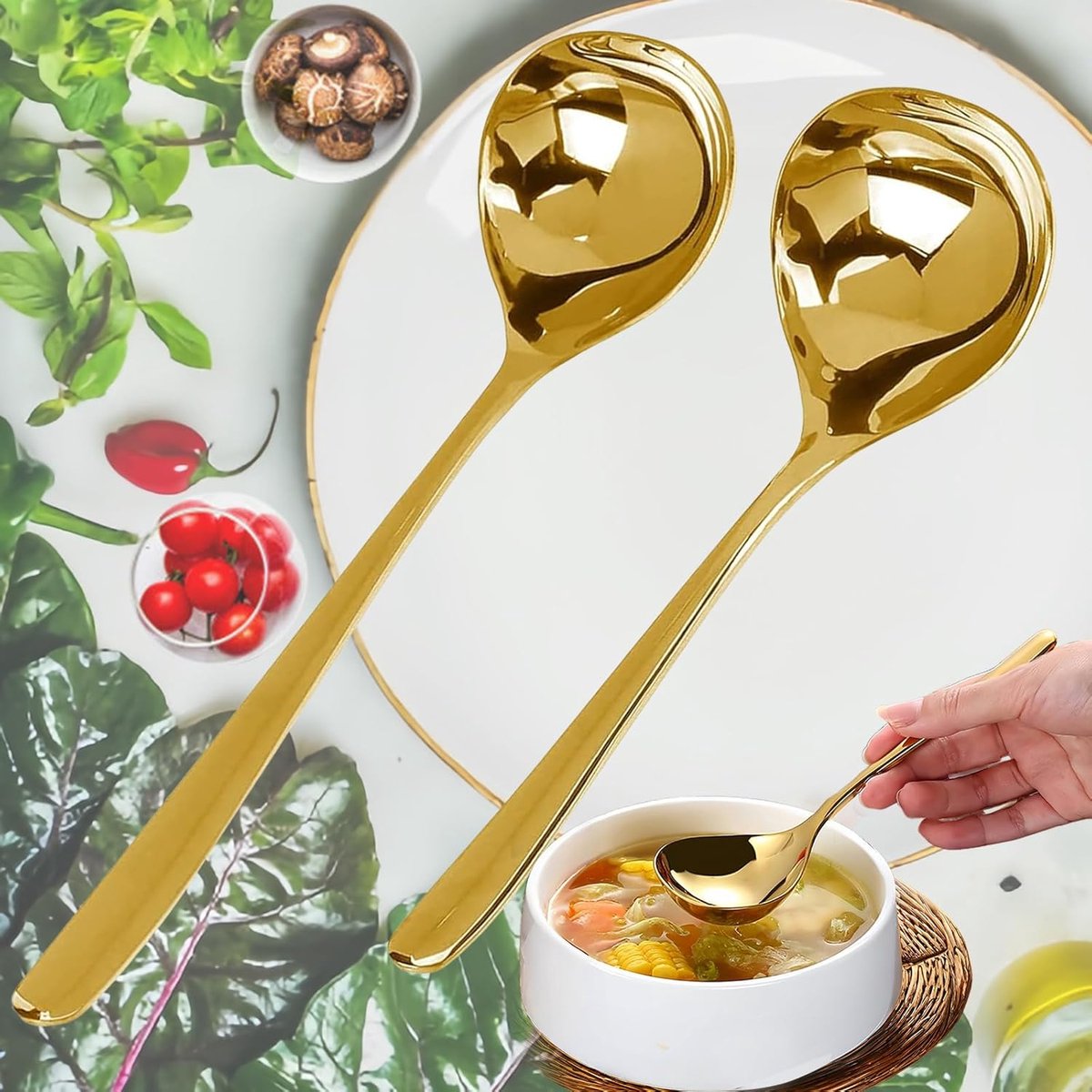 Thijox - 2 Stuks RVS Soeplepel Set, Metalen Koken Soeplepels voor Soep en Saus, Diepe Pollepels, Spiegelgepolijst, 19,3cm/16,3cm, Gouden Keukenaccesso