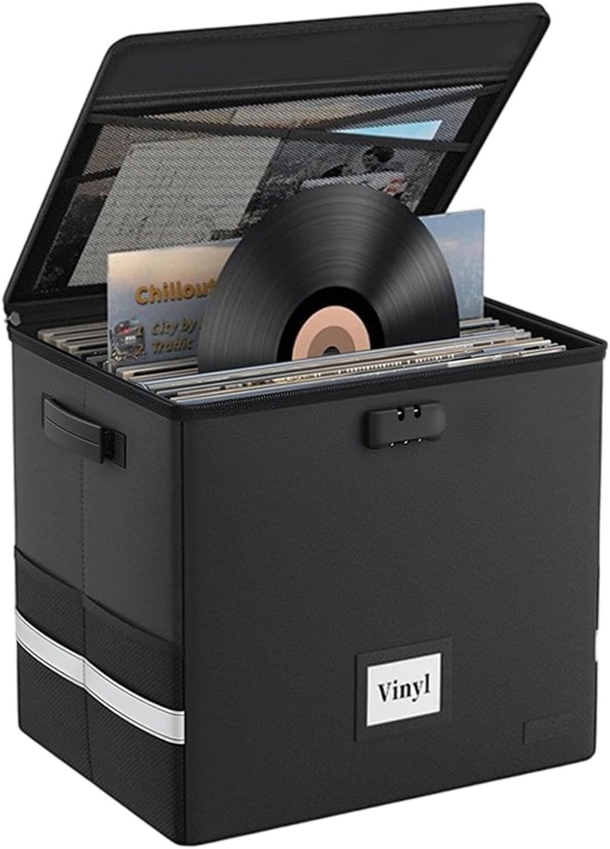 SnelShoppen - Vinyl Record Storage Box met Slot, Brand- en Waterdicht, 12 Inch Vinyl CD Opbergdoos voor tot 100+ Platen, Vouwbare Draagbare LP Verzame