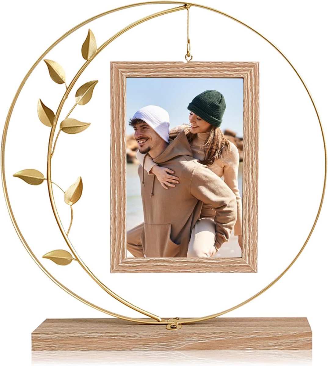 SnelShoppen - Vintage Photo Frame voor 2 Foto's, Rotating 10 x 15 cm, Gouden Houten Fotolijst, Persoonlijk Cadeau voor Moeder, Grootmoeder, Trouwerij,
