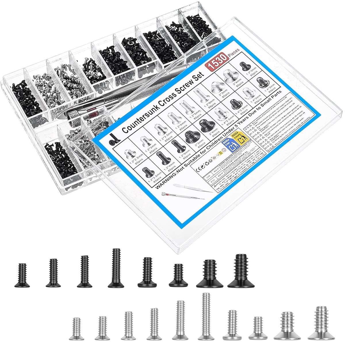 SnelShoppen - Precision Schrauben Set voor Brillen Reparatie, 1530-Stuks Mini Zelftappende Schroeven (M1.2 M1.4 M2) voor Horloges en Telefoons - Hoogw