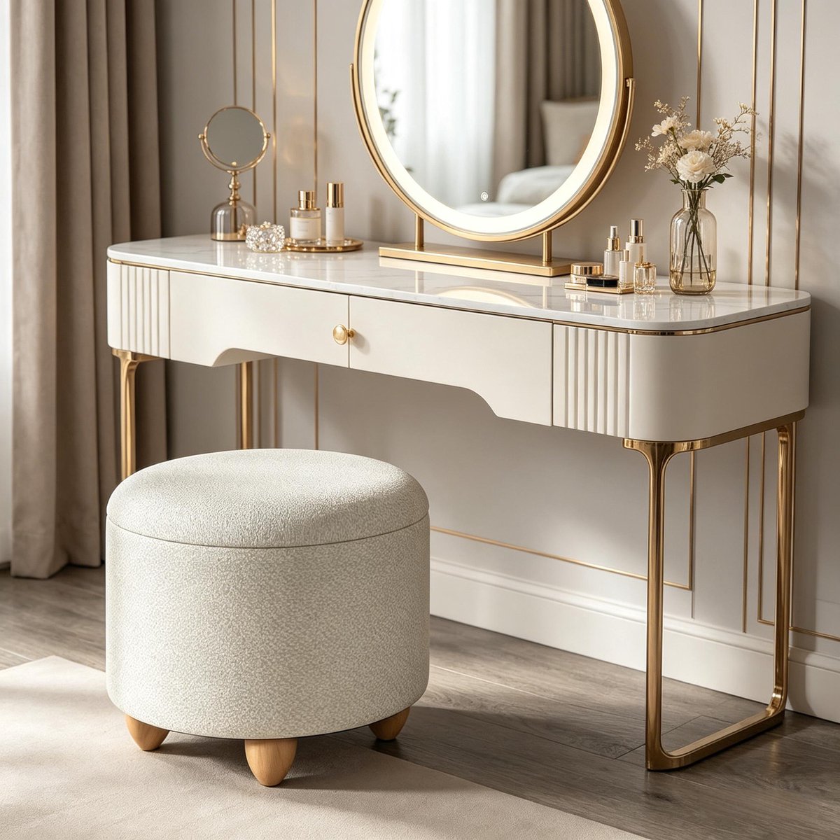 Poef Opbergruimte – Rond 39 x 33 cm – Linnen En Hout – Creme Wit – Als Voetbank, Schoenhulp En Bijzettafel Voor Binnen
