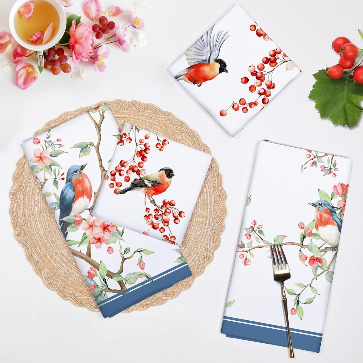 SnelShoppen - Watercolor Bird Flowers Keukenhanddoeken Set van 4, 100% Katoen, Sneldrogend, Multifunctionele Theedoeken 50x70cm voor Keuken en Huishou