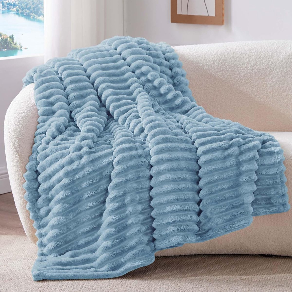 SnelShoppen - Striped Decoratieve Flanellen Fleece Dekbed voor Bed en Bank, 150x200cm, Lichtblauw, Zacht, Ademend, Duurzaam, Perfect voor Thuis, Kamer