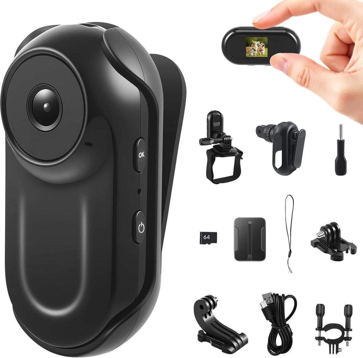 SnelShoppen - Mini Action Cam 1080P - Body Camera met Magneet en Accessoires - Helm Camera voor Motorfiets, Fiets, Sport - Draagbare Camera met 64GB S