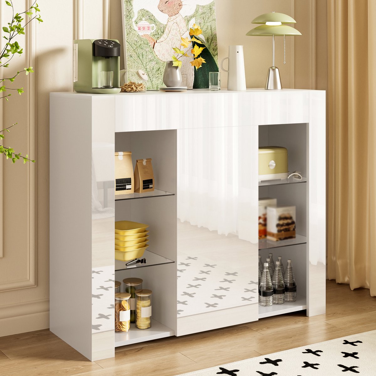 Wishdor - Buffetkast - Hoogglans front - Met glazen legplanken en kastdeur - Modern - Voor woonkamer, eetkamer of keuken - Bewerkt hout - Wit - 95 x 35 x 83 cm