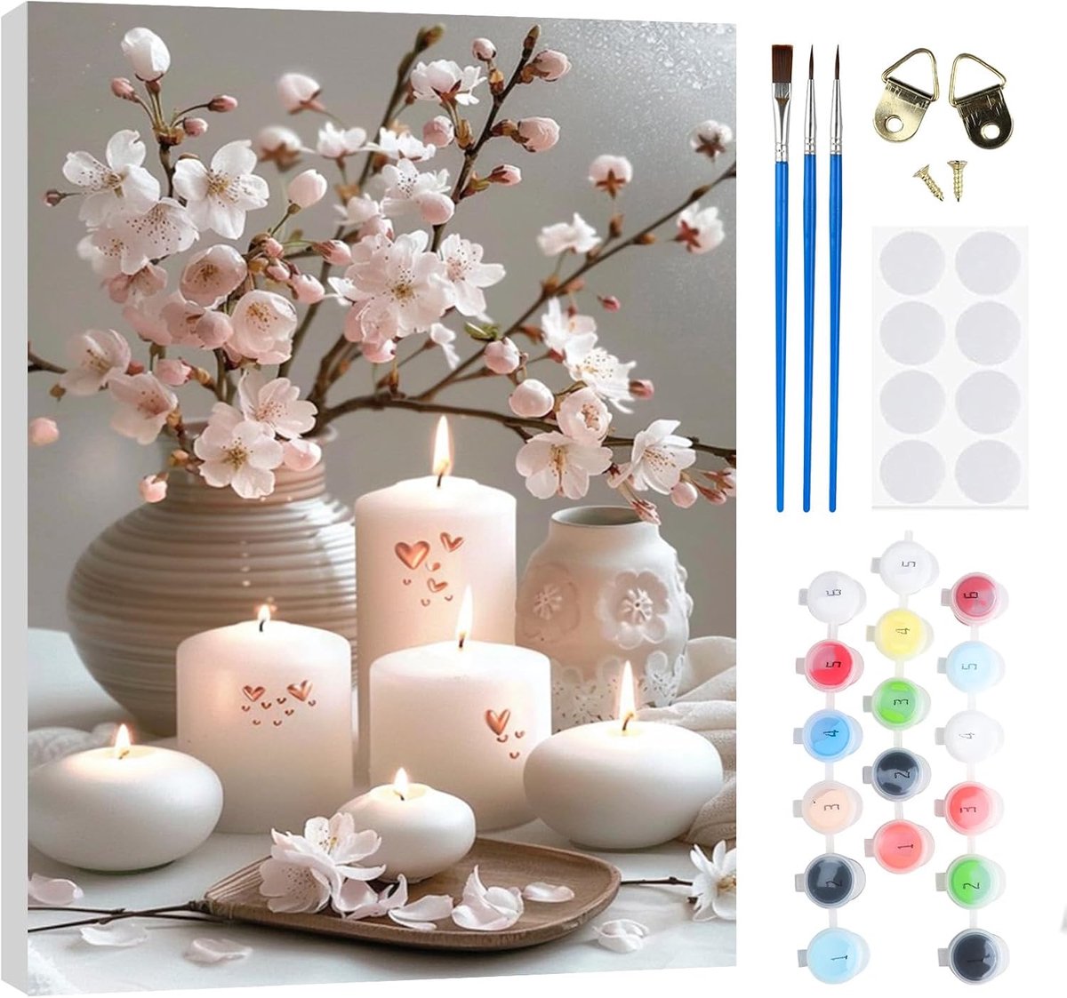 SnelShoppen - Kaarsen Schilderen op Nummer Set voor Volwassenen en Kinderen - DIY Olieverfschilderij Kit met Bloemen, 20x30 cm, Inclusief Penselen, Ac