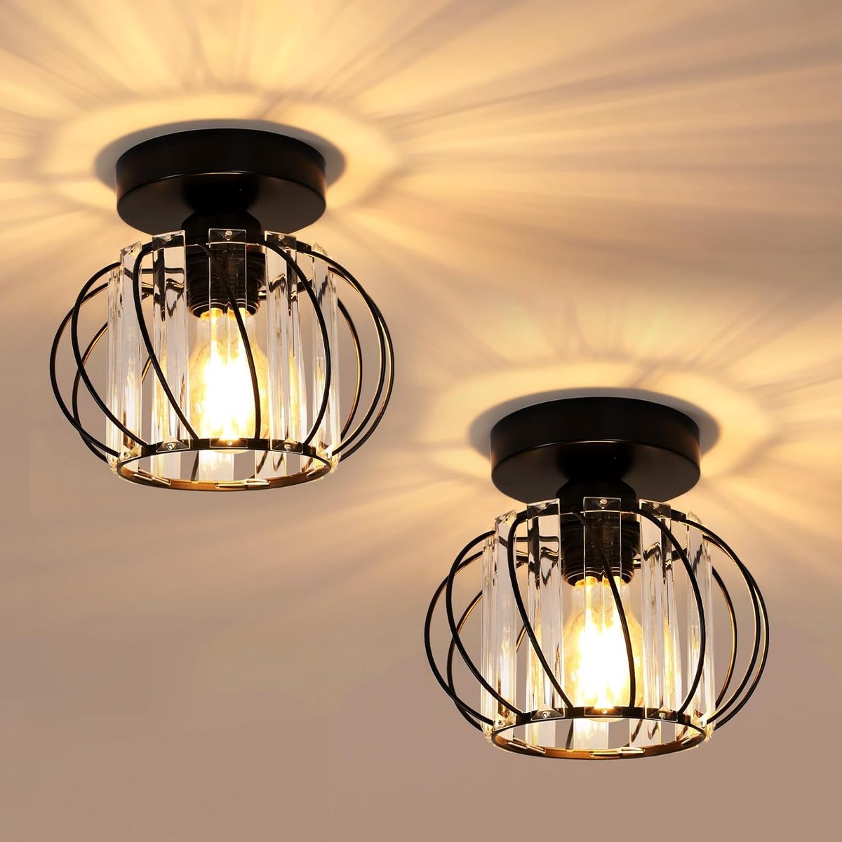 SnelShoppen - 2 Stuks Crystal Plafondlamp E27 Moderne Zwart Chandelier voor Hal, Slaapkamer, Keuken, Woonkamer - Dimbaar en Luxe K9 Kristal
