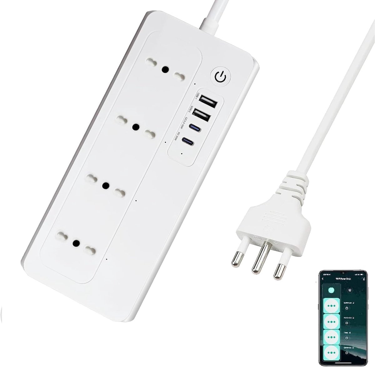 SnelShoppen - Smart Power Strip met Zigbee 3.0, Overspanningsbeveiliging, 2 Type-C 20W Oplaadpoorten, 2 USB-A, 16A 3500W, Individuele Schakelaar, Comp