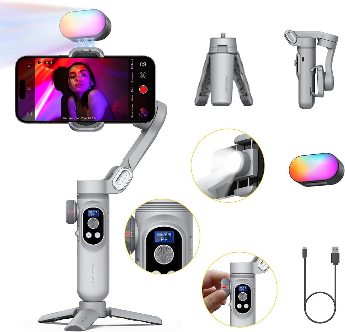 SnelShoppen - 3-Axis Smartphone Gimbal Stabilizer met RGB Magnetic Fill Light, Focus/Zoom Wheel voor Vlog, Geschikt voor iPhone 15 Pro Max en Android