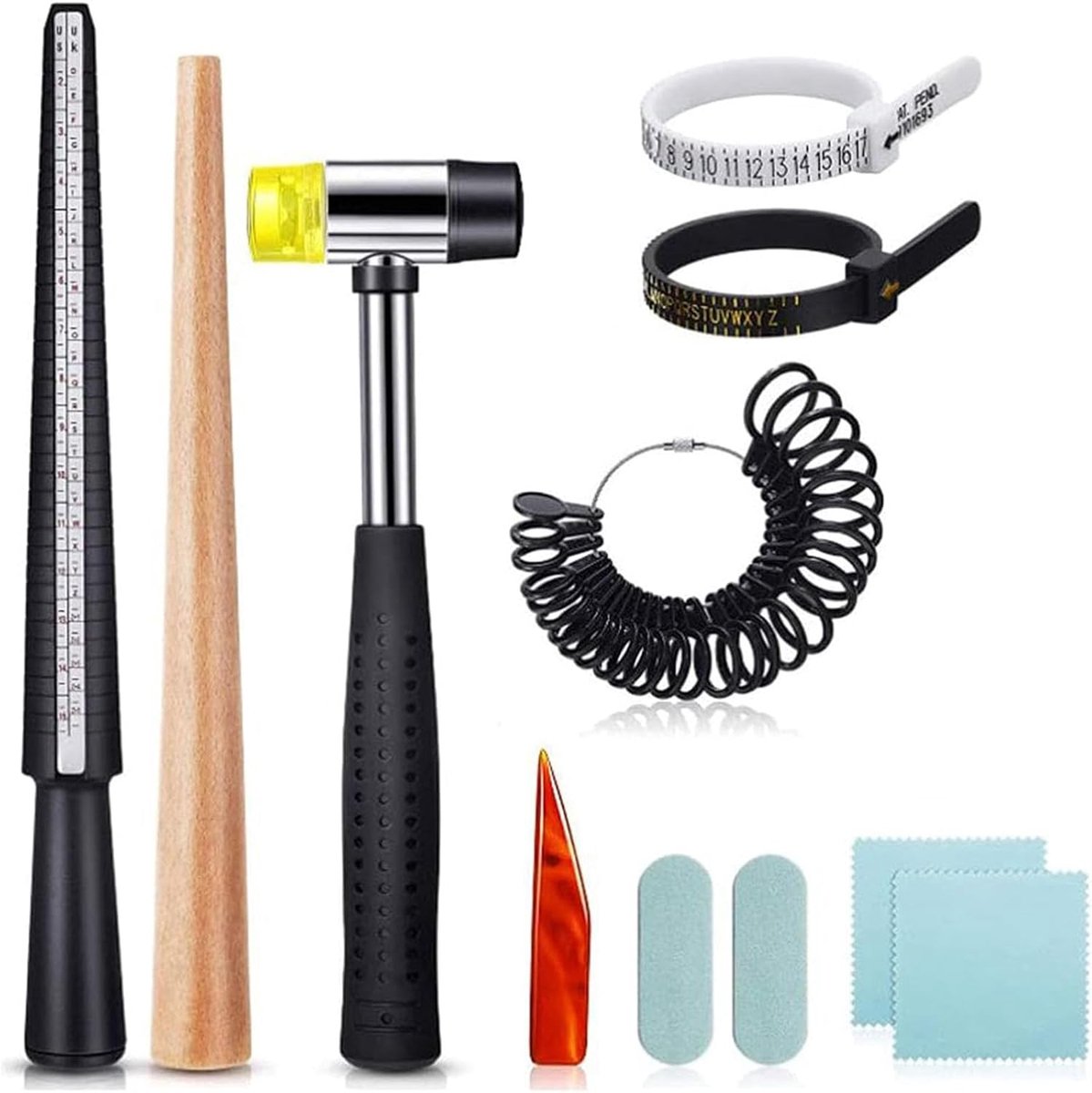 SnelShoppen - 11-delige Ringmaatinstrumentset, Sieradenmaatinstrumentset, Ringmaatmeter en Ringdoorn, Rubber Hamer en Polijstmachine voor Sieraden, Ha