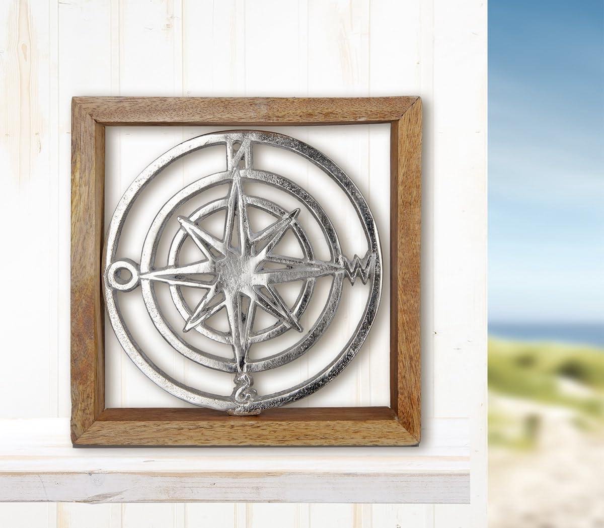 Wanddecoratie Kompas - Windroos Metaal - Maritieme Sfeer - Met Houten Frame - 20x20 cm - Zilver